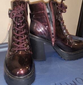 Shiny Burgundy Lace-Up Ankle Boots